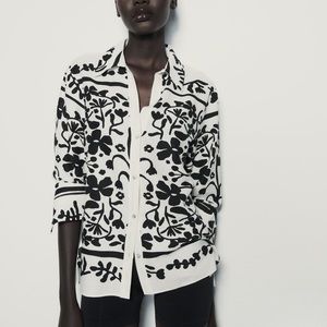 ZARA  PRINTED LINEN BLEND SHIRT BLACK & WITHE bloggers favorite